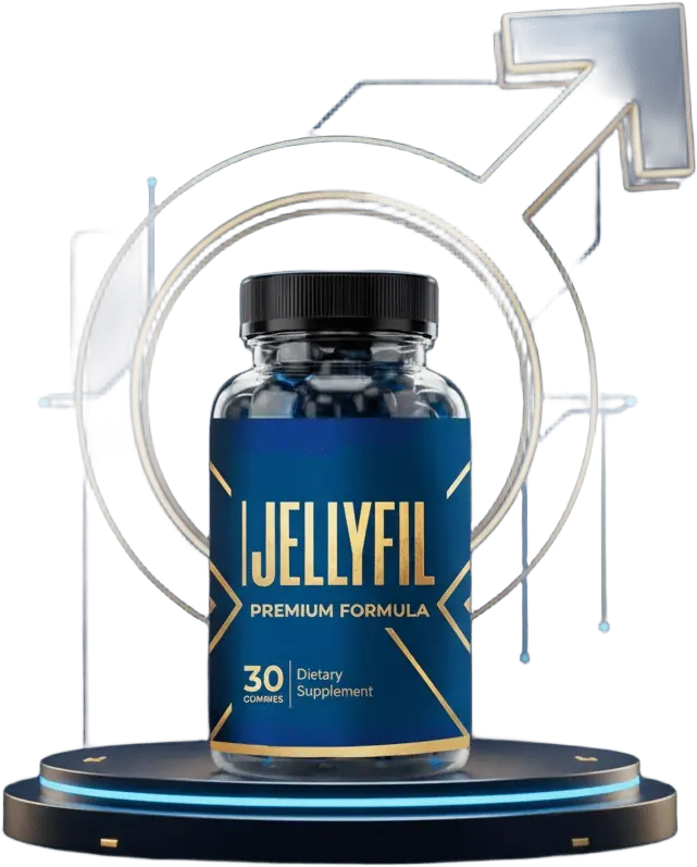 A bottle of JellyFil men's daily wellness gummies, 30 gummies per bottle