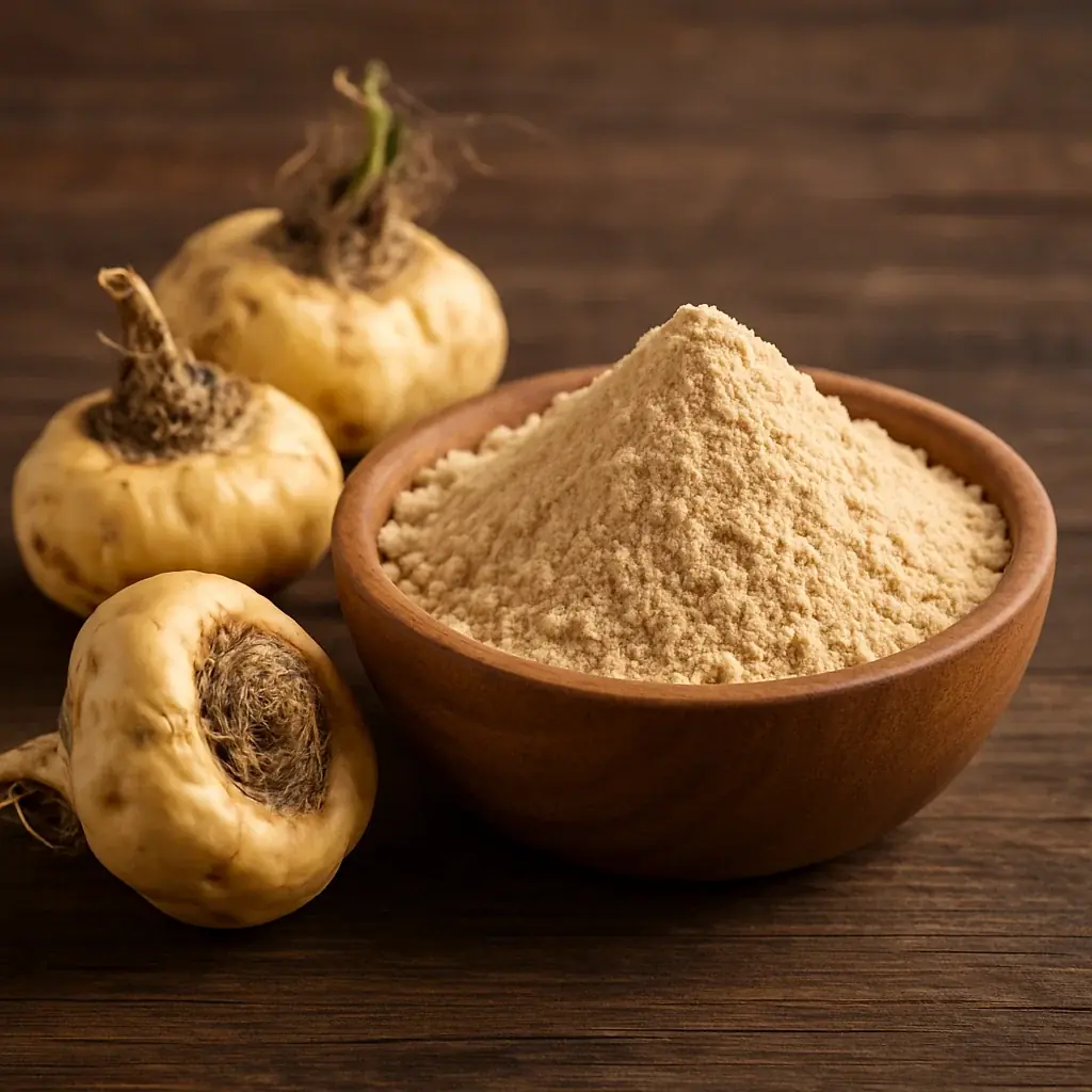 Maca roots beside a bowl of maca powder