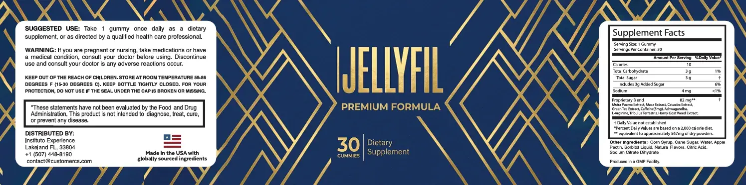 The JellyFil product label showing suggested use, warnings and the full Supplement Facts panel